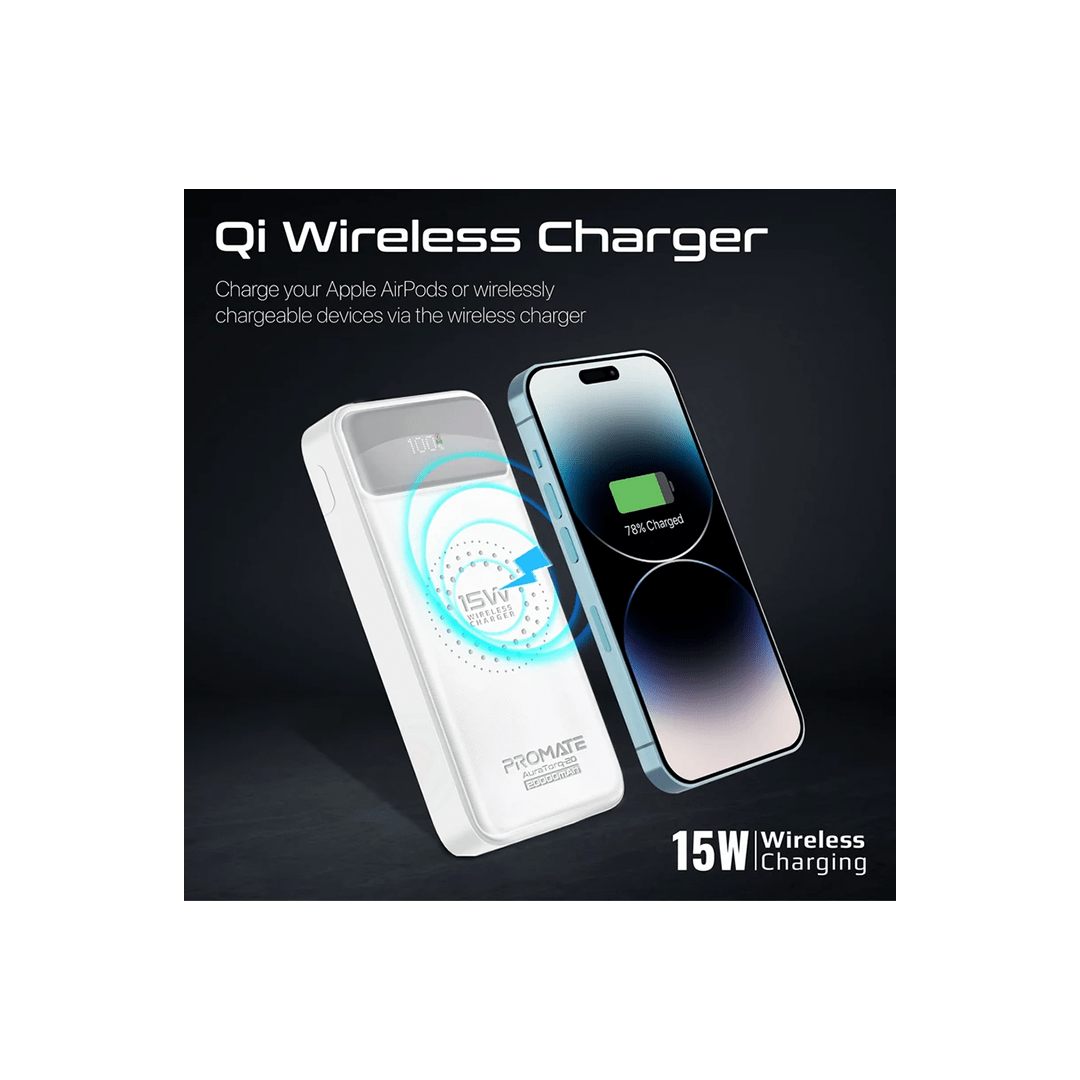 Promate AuraTorq-20 Ultra Slim 15W 20000mAh Wireless Charging Power Bank with 20Watt PD & QC3.0 - White in Qatar Promate AuraTorq-20 Ultra Slim 15W 20000mAh Wireless Charging Power Bank with 20Watt PD & QC3.0 - White in Qatar